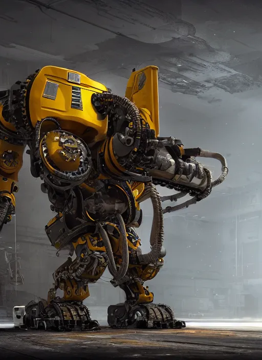 Image similar to a photorealistic dramatic hyperrealistic render of a futuristic exosuit power excavator heavy machinery, ultra realistic details, glossy yellow, well worn, rust, oil stains by vitaly bulgarov and mike nash, beautiful dramatic dark moody tones and lighting, cinematic atmosphere, studio lighting, global illumination, shadows, dark background, octane render, 8 k