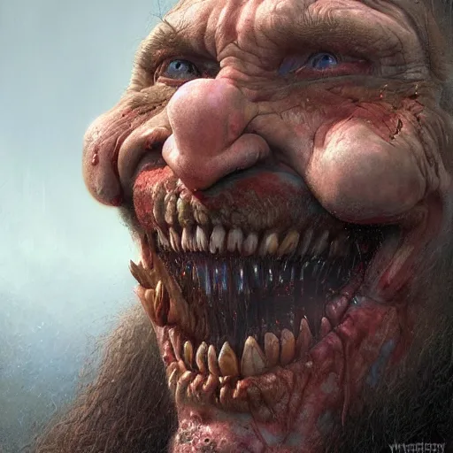 Image similar to vladimir putin, putin is bald caveman, vladimir putin awe face, toothless horror macabre face, clown nose, by donato giancola and greg rutkowski and wayne barlow and zdzisław beksinski, realistic face, digital art