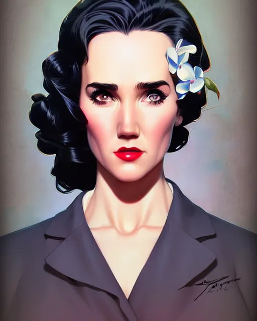 Image similar to a pin up and beautiful fashion charming dreamlke jennifer connelly, symmetrical face, symmetrical eyes, character art, art by artgerm lau and wlop and and ilya kuvshinov and john singer sargent, joshua middleton comic art