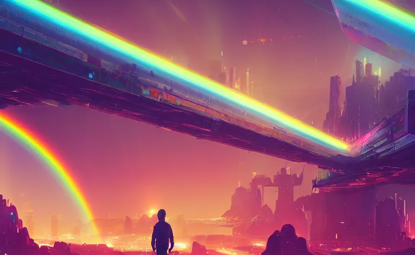 Image similar to A landscape with a giant rainbow bridge, magical, cyberpunk, glowing runes, technology, Low level, rendered by Beeple, Makoto Shinkai, syd meade, simon stålenhag, environment concept, synthwave style, digital art, unreal engine, WLOP, trending on artstation, 4K UHD image, octane render,