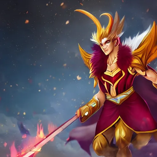 Prompt: Rakan from league of legends with a su fire cape-n 8