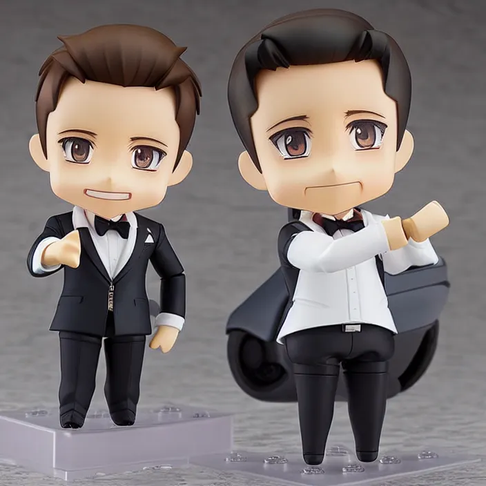 Image similar to a anime nendoroid of elon musk wear giorgio armani suits and black shoe, car tesla 3, figurine, smile, product photo, detailed