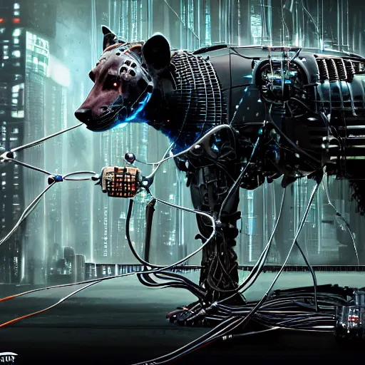 Image similar to robotic cyberpunk hyena, many wires and metal exposed, realistic photo, bladerunner