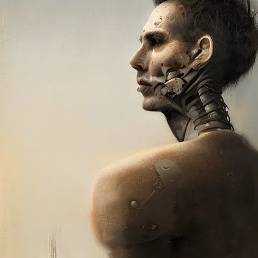 Image similar to surreal portrait of a man by Greg Rutkowski, symmetrical face, he is about 30 years old, short black hair with bangs, his features are a mix between French, Turkish and Russian, transformed into a kind of biomechanical transhuman god, uncany but fascinating, expression of epiphany and determination, cosmic void background, frightening, fascinating, highly detailed portrait, digital painting, book cover, artstation, concept art, smooth, sharp foccus ilustration, Artstation HQ