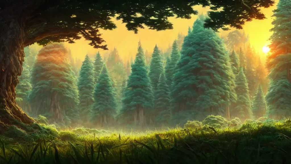 Image similar to forest clearing landscape, sunset, studio ghibli, pixar and disney animation, sharp, rendered in unreal engine 5, highly detailed, digital painting, artstation, concept art, smooth, sharp focus, illustration, wide angle, artbook, wallpaper, splash art, promo art, dramatic lighting, art by artgerm and greg rutkowski and bo chen and jin xiaodi