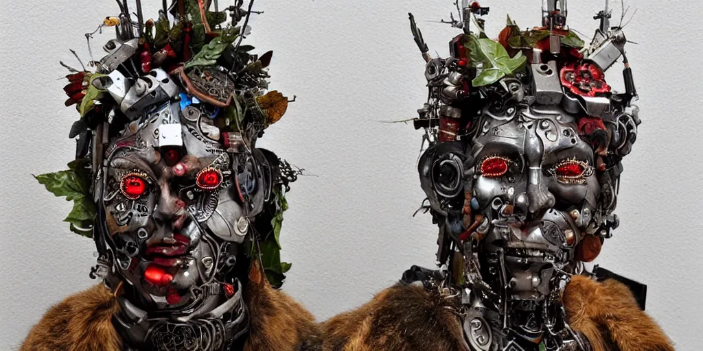 Prompt: a beautiful cyborg made of ceremonial pagan maske