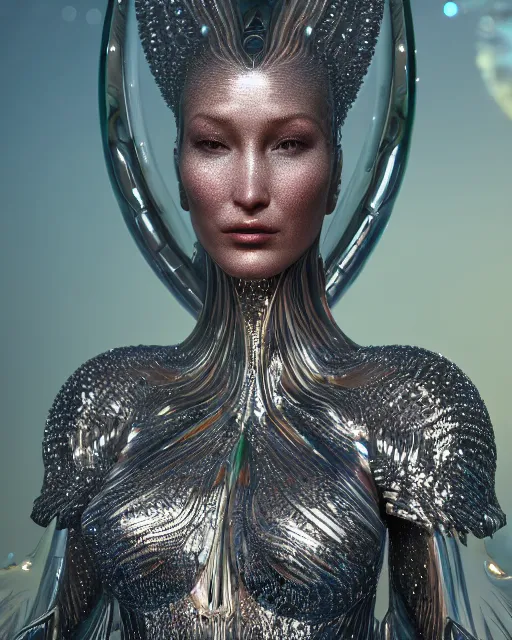 Image similar to a highly detailed metahuman 4 k close up render of an alien goddess bella hadid as alien in iris van herpen dress schiaparelli in diamonds crystals swarovski and jewelry iridescent in style of alphonse mucha gustav klimt trending on artstation made in unreal engine 4