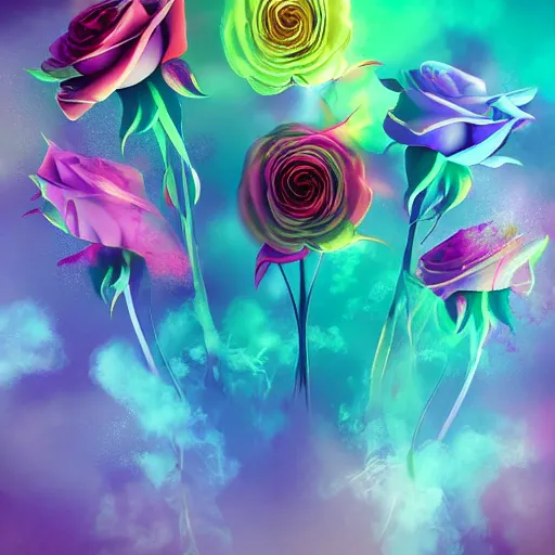 Image similar to Roses made of colorful smoke, hazy, atmospheric, inspiring digital art, award winning, artstation,