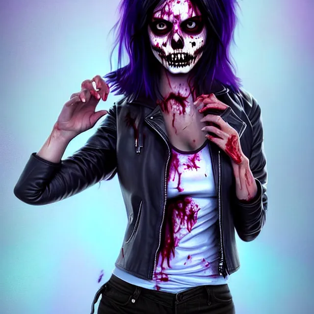 Prompt: epic professional digital airbrushed portrait art of a fit, extremely attractive mid-20s Latina supermodel emo female zombie, smiling, perfectly symmetrical face, wearing a shirt under a leather jacket, with deep blue eyes, slightly open mouth, violet lipstick, walking dead, best on artstation, cgsociety, wlop, Behance, pixiv, cosmic, epic, stunning, gorgeous, glamour lighting,masterpiece by Dorian Cleavanger and Stanley Lau