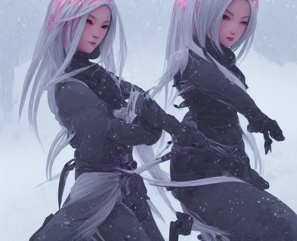 Image similar to portrait grey hair ninja gaiden girl, black plus little pink ninja wardrobe, at snowy fuji mountain sunrise, ssci - fi and fantasy, intricate and very very beautiful, detailed, digital painting, artstation, concept art, smooth and sharp focus, illustration, art by tian zi and wlop and alphonse mucha