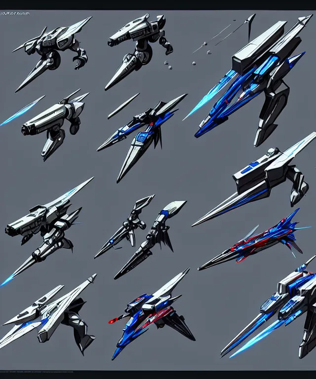 Image similar to 2 d shooter game concept art sprite sheet!!!, robotech gradius outer space concept art, hyperrealism, fine detail, 8 k, 3 d render, artstation contest winner, cgsociety, cryengine, zbrush, vray, no background