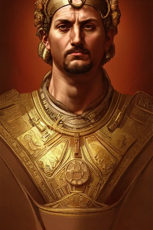 Image similar to ancient rome emperor, realistic portrait full body, symmetrical, highly detailed, digital painting, artstation, concept art, smooth, sharp focus, illustration, cinematic lighting, art by artgerm and greg rutkowski and alphonse mucha