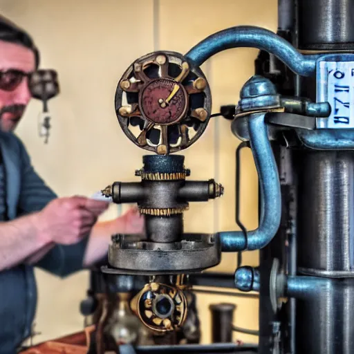 Image similar to A random pointless contraption ((((steampunk)))) industrial appliance pneumatic machine with no apparent purpose, being operated by a scholarly looking man with a clear directed gaze, XF IQ4, f/1.4, ISO 200, 1/160s, 8K, RAW, unedited, symmetrical balance, in-frame