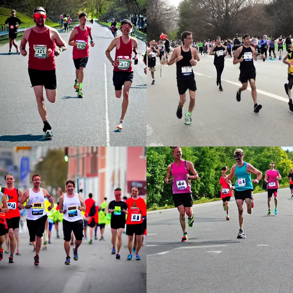 Prompt: Stickmen running a marathon