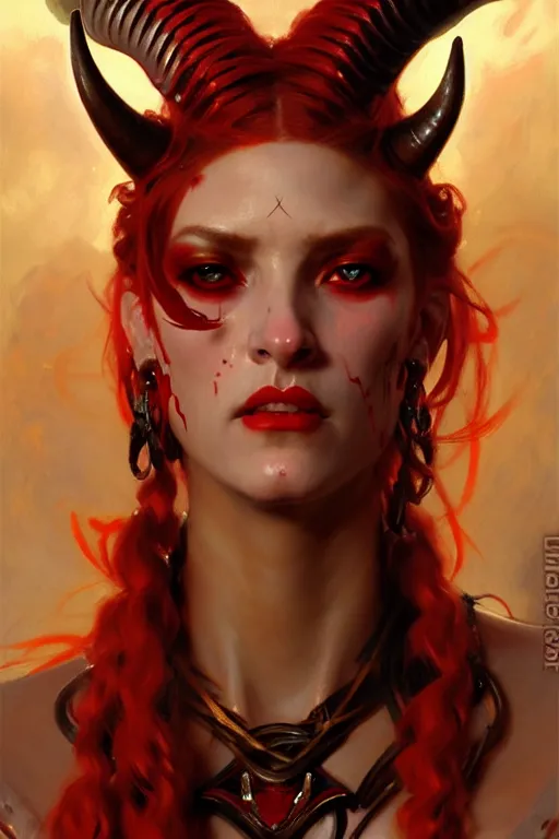 Image similar to painted close - up portrait of a attractive red - skinned intimidating demon cyborg girl with ram horns! oil painting, wearing a noblewoman's outfit, fantasy art by john singer sargent and gaston bussiere and james jean and greg rutkowski, demon noble character design, hd