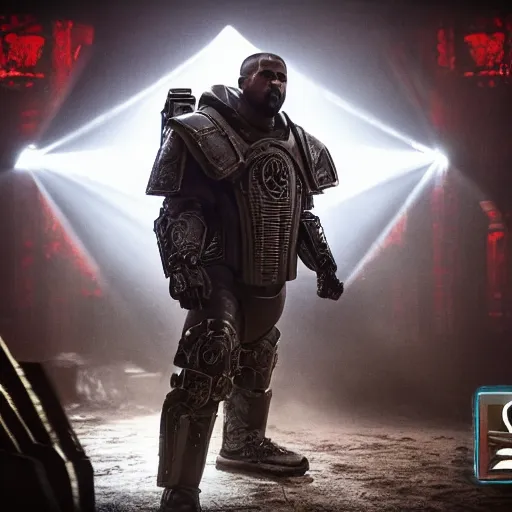 Image similar to Kanye West as the emperor of humanity from warhammer 40k in Gears of War, splash art, movie still, cinematic lighting, dramatic, octane render, long lens, shallow depth of field, bokeh, anamorphic lens flare, 8k, hyper detailed, 35mm film grain