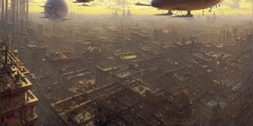 Image similar to steampunk airship above a busy city, exquisite details, denoised, mid view, by norman rockwell, karl kopinski, artsation, greg rutkowski, makoto shinkai, takashi takeuchi, studio ghibli