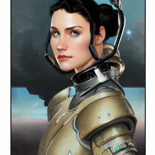 Image similar to woman dressed in scifi military uniform and armor with black hair and blue eyes, elegant, digital illustration, detailed, intricate, sharp focus, digital painting, deep focus, digital painting, artstation, concept art, matte, art by artgerm and greg rutkowski and alphonse mucha