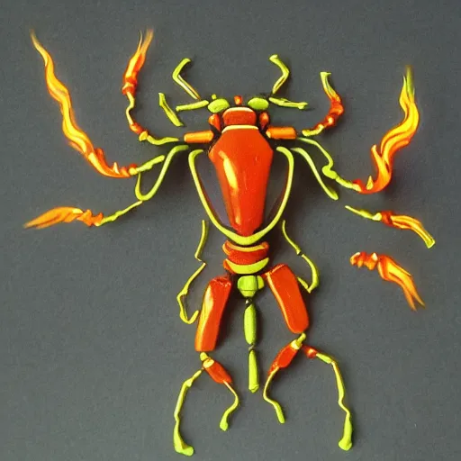 Prompt: anthropomorphic beetle god with fiery limbs