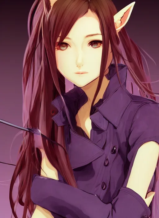 Image similar to portrait illustration by shigenori soejima, beautiful girl with fox ears, focus on face, purple eyes, pretty, cinematic lighting, painterly, long wavy orange hair, light brown trenchcoat