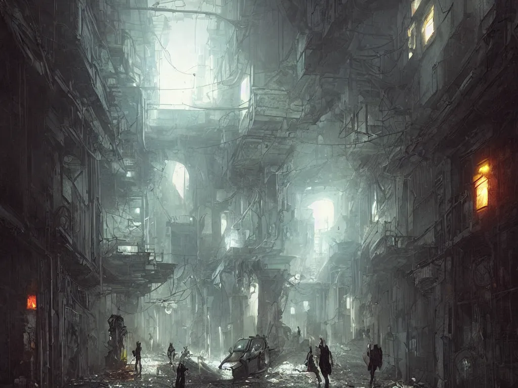 Image similar to a nightscene with a dark alley with large abandoned buildings with graffiti on the walls at the end an illuminated door, by greg rutkowski, futuristic