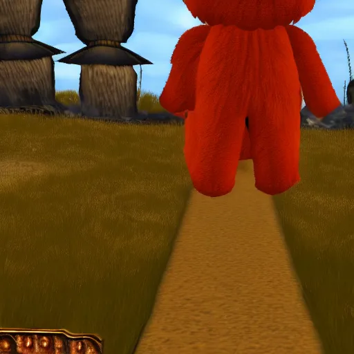 Image similar to bip bippadotta in morrowind, orange fuzzy muppet, screenshot