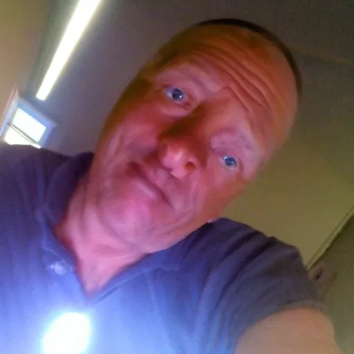 Prompt: my dad accidentally taking a selfie with the front camera, very scared, so scared he almost had a stroke, terrified because he got caught by surprise and the camera flash is so bright in his face