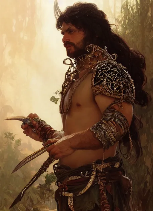 Image similar to realistic portrait painting of a male fantasy barbarian warrior, old mystic ruins, afternoon, intricate, elegant, highly detailed, digital painting, sharp, focus, by artgerm and alphonse mucha and greg rutkowski