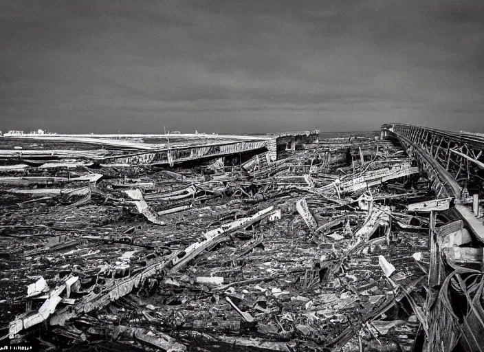 Image similar to grainy futuristic photo of the remains of an enormous broken freeway bridge on the new york coast after the apocalypse ; the bridge leads into the wide ocean