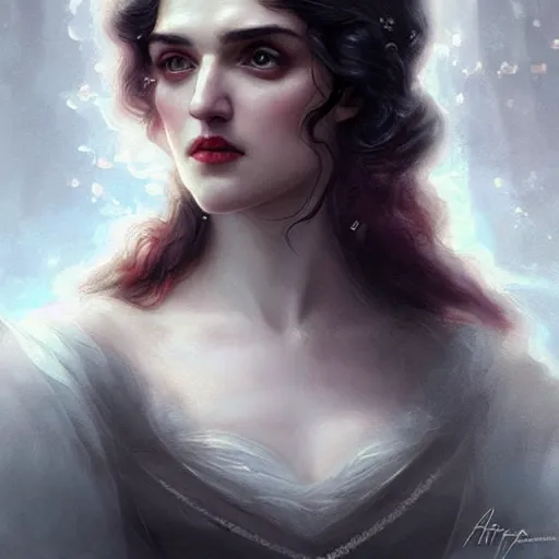 Image similar to beautiful & striking Katie McGrath as a 1700s princess by Artgerm and Greg Rutkowski, intricate, elegant, highly detailed, digital painting, artstation, concept art, moody, sharp focus, illustration,