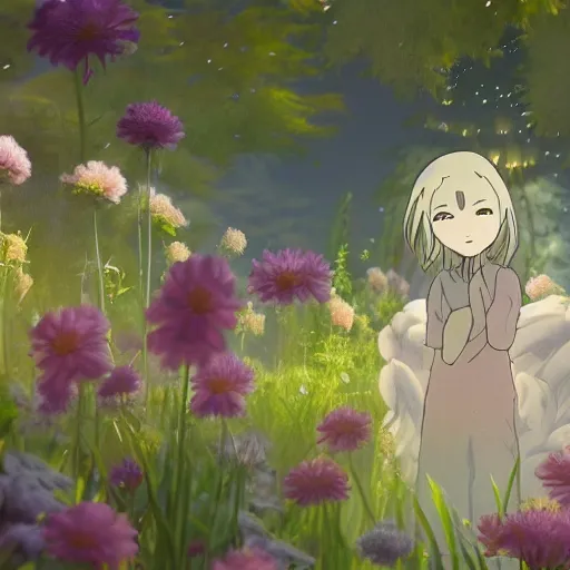 Prompt: spirit creature in the flowers at night made by studio ghibli, beautiful scene, detailed, high quality, high details, smooth, 8 k, fantasy,