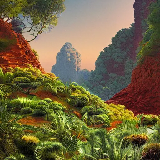 Image similar to digital painting of a lush natural scene on an alien planet by moebius. ultra sharp high quality digital render. detailed. beautiful landscape. colourful weird vegetation. cliffs and water.