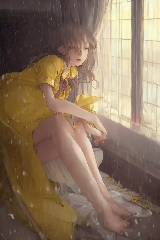 Image similar to a girl in a maid's outfit in the bedroom a night, raining outside the window, yellow theme, wavy white long hair, by krenz cushart and mucha and akihito yoshida and greg rutkowski and makoto shinkai, 4 k resolution