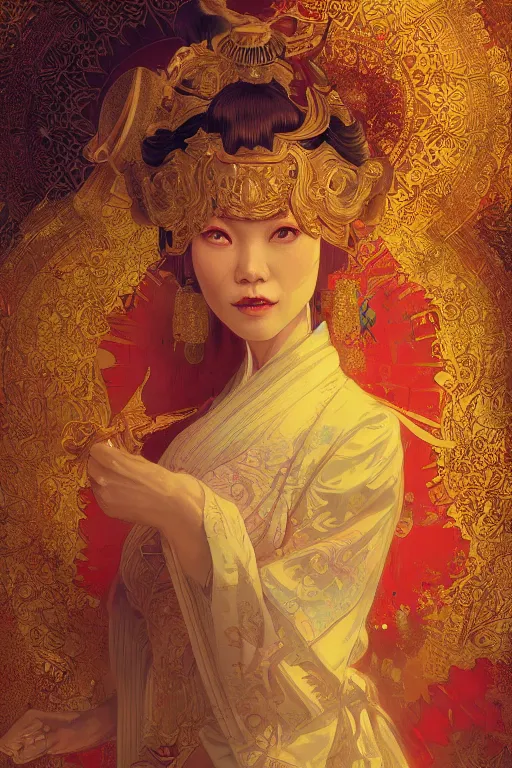 Prompt: tarot card artstation, portrait of a geisha love dancer, sunrise, baroque ornament and rococo ornament, ancient chinese ornate, hyperdetailed, beautiful lighting, craig mullins, mucha, klimt, yoshitaka amano, red and gold and orange color palette