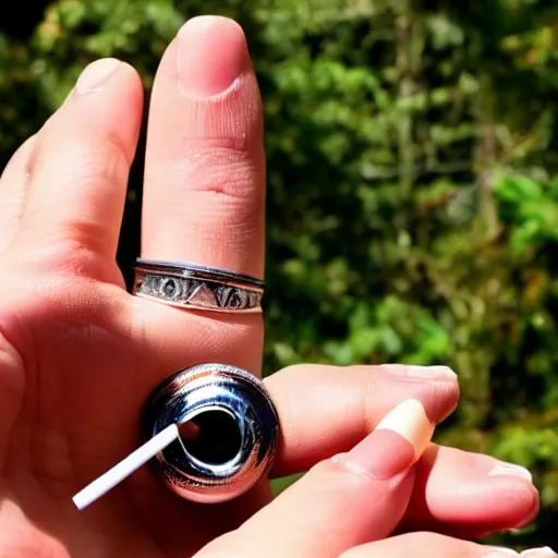 Image similar to normal man's hand with five fingers and a ring and a cigarette between the fingers