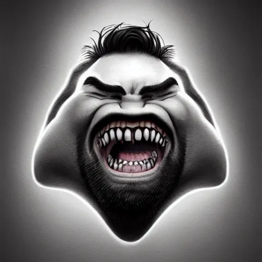 Image similar to Extremely funny face of very manly Gigachad with very big jaws, big eyebrows, smile like trollface jaw tilted on side, painting on grey scale face, powerful , magic, thunders, dramatic lighting, intricate, wild, highly detailed, digital painting, artstation, concept art, smooth, sharp focus, illustration, art by artgerm and greg rutkowski and alphonse mucha, footage