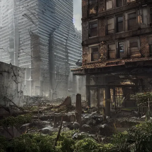 Image similar to a world fallen by disease, cities completely wasted away, nature taken over and grow over buildings, high quality photorealism, cinematic, epic, Deviantart, Octane render