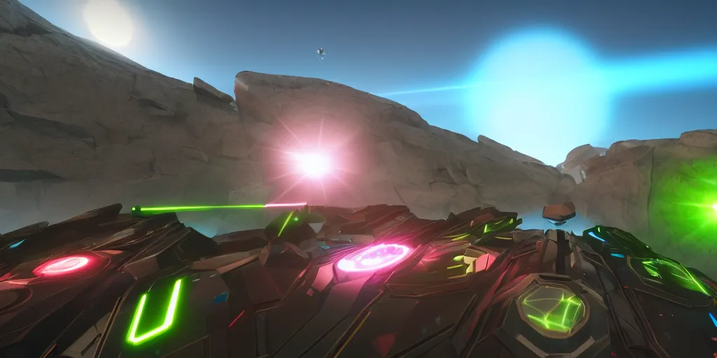 Prompt: screenshot of battlezone, videogame, vector, large mountains visible, axure sky, neon glow, lens flare