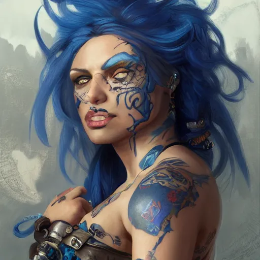 Prompt: a detailed portrait of a woman pirate with blue hair and a tattoo on her face, by justin gerard, digital art, realistic painting, dnd, character design, trending on artstation