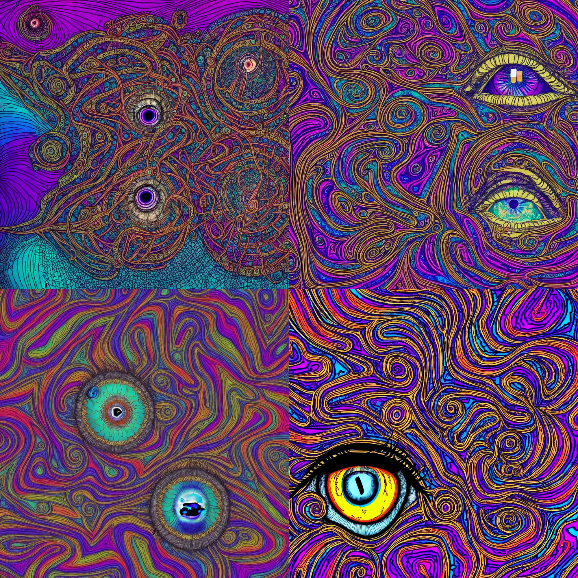 Prompt: an eldritch eye beholds the end of time, psychedelic colors, intricate fine lines, detailed, 4k