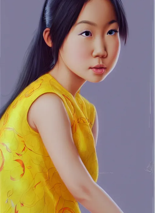 Prompt: photo of a cute young asian girl wearing a yellow honey dress in the style of stefan kostic, realistic, sharp focus, 8 k high definition, insanely detailed, intricate, elegant, art by stanley lau and artgerm