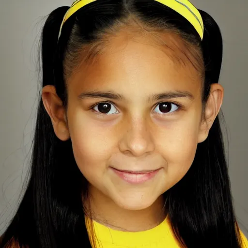 Prompt: girl with black hair in a ponytail and brown eyes, bigger forehead, photo, in a yellow striped dress
