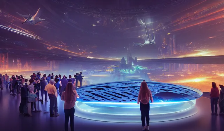 Prompt: crowd of people in large open museum, looking at hologram of futuristic city on a table, cinematic concept art, godrays, golden hour, natural sunlight, 4 k, clear details, tabletop model buildings, center model buildings, hologram center, crane shot, wide shot, high shot