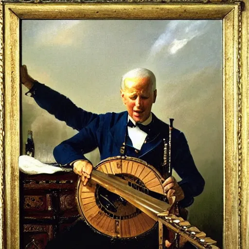 Image similar to Oil painting of Joe Biden playing the Hurdy Gurdy at a fantasy tavern, by ivan shishkin and aivazovsky