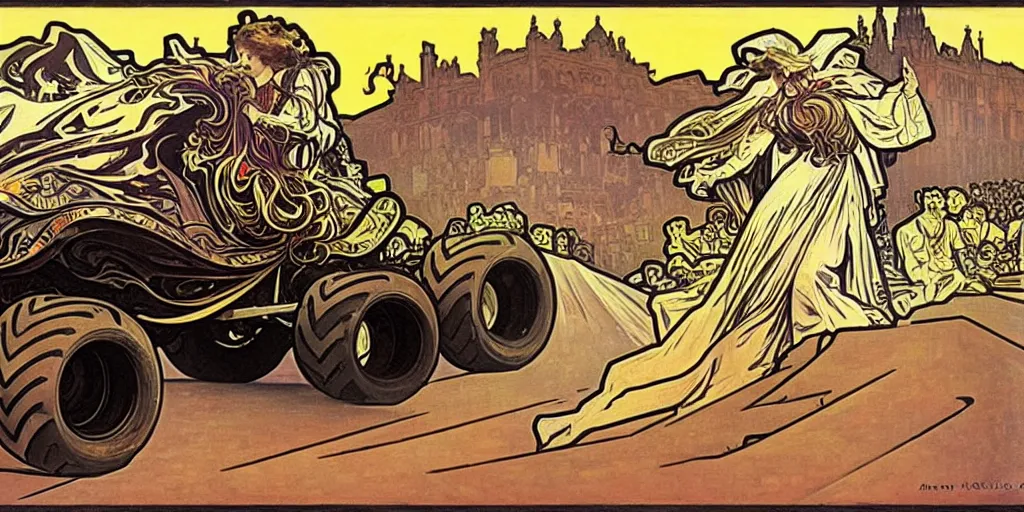 Image similar to monster truck rally, Alphonse Mucha