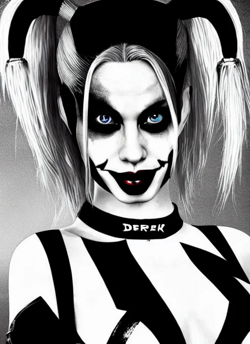 Image similar to photo of a gorgeous harley quinn in the style of derek riggs, realistic, sharp focus, 8 k high definition, insanely detailed, intricate