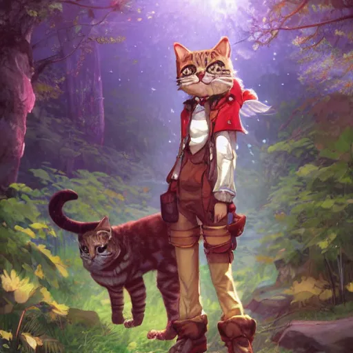 Prompt: character portrait of the anthro anthropomorphic cat head animal person fursona standing in the bright forest, hidari, color page, tankoban, 4 k, tone mapping, akihiko yoshida