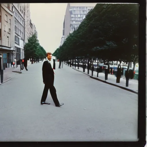Prompt: wide-shot low angle of empty animated formal suits walking down the street, polaroid photo, by Andy Warhol, by Rene Magritte