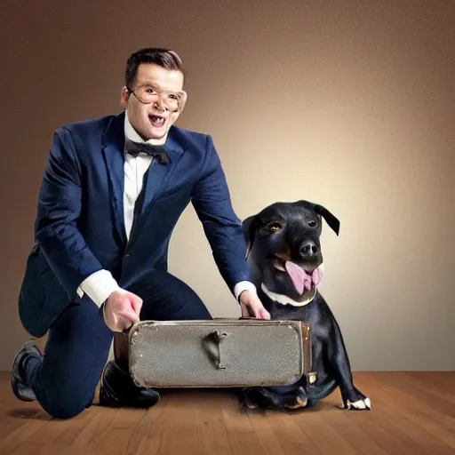 Image similar to A beautiful painting of a man, with what appears to be a dog, in a business suit with a suitcase. The man's eyes are wide and his mouth is open, as if he is screaming. The dog is also in a business suit and is looking at the man with a perplexed expression. The background is a swirl of colors and shapes. studio lighting, light violet by Wim Wenders straight