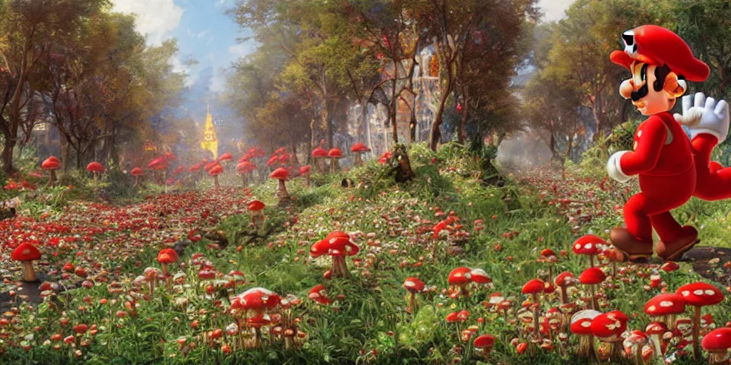 Image similar to Super Mario walking through the Mushroom Kingdom, Super Mario Theme, hundreds of red and white spotted mushrooms, by Stanley Artgerm Lau , greg rutkowski, thomas kindkade, alphonse mucha, loish, norman Rockwell